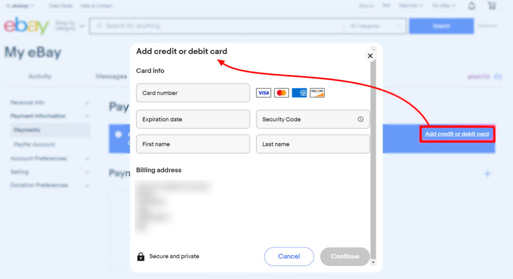add credit or debit card to ebay