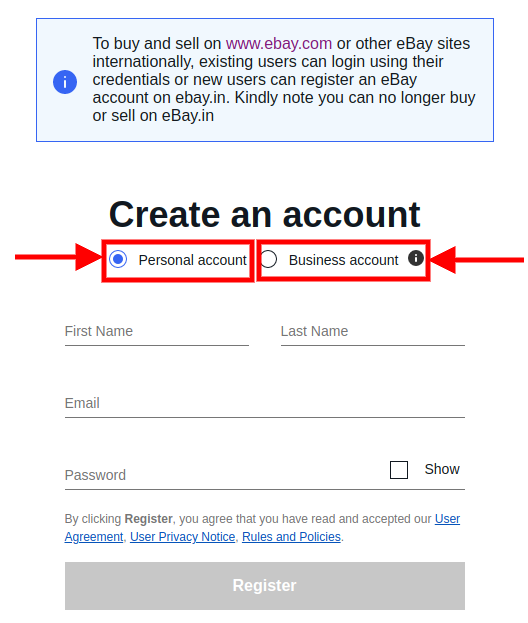 ebay account options