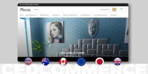 The image shows the Landing page of Phivin-the home decor company. The landing page shows an aesthetic view of the interiors. The image also shows the flags of the six countries in which Phivin sells its products. 