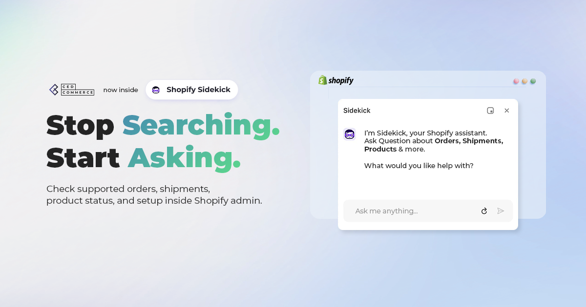 Ask Shopify Sidekick about marketplace orders and shipments through CedCommerce apps. Explore practical prompts, data controls, setup guidance, and app access.